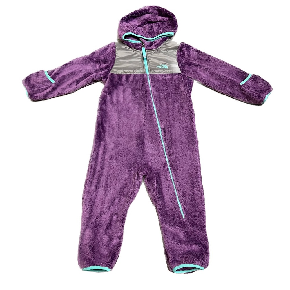 The North Face Purple Fuzzy Hooded Kids One-Piece with Aqua Trim